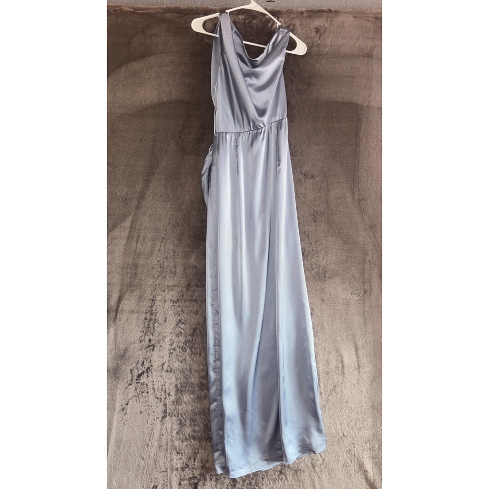 Show Me Your Mumu Jodie Dress Women Medium Steel Blue Luxe Satin Lined Side Slit - Picture 6 of 12